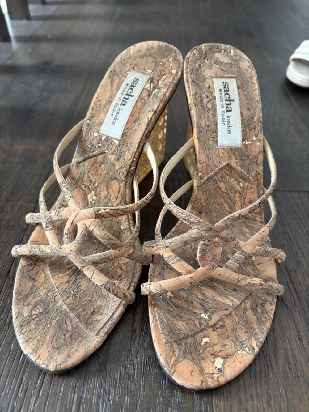 Sacha London Cork-Textured Strappy Heeled Sandals in Natural Tan